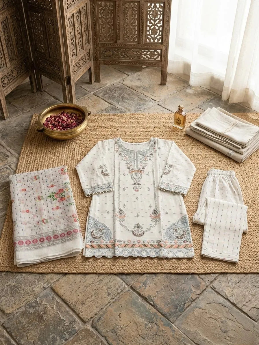 Multicolor Embroidered Cotton Lawn 3-Piece Set For Eid Wear