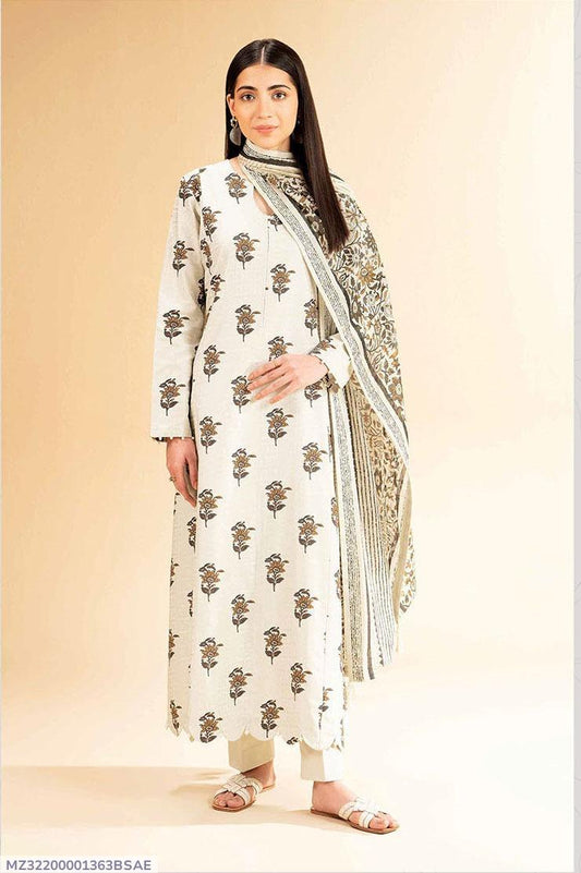 Off-White Floral Printed Lawn 3 Piece Unstitched Suit for Women – Premium Dobby Lawn Shirt, Trouser & Dupatta