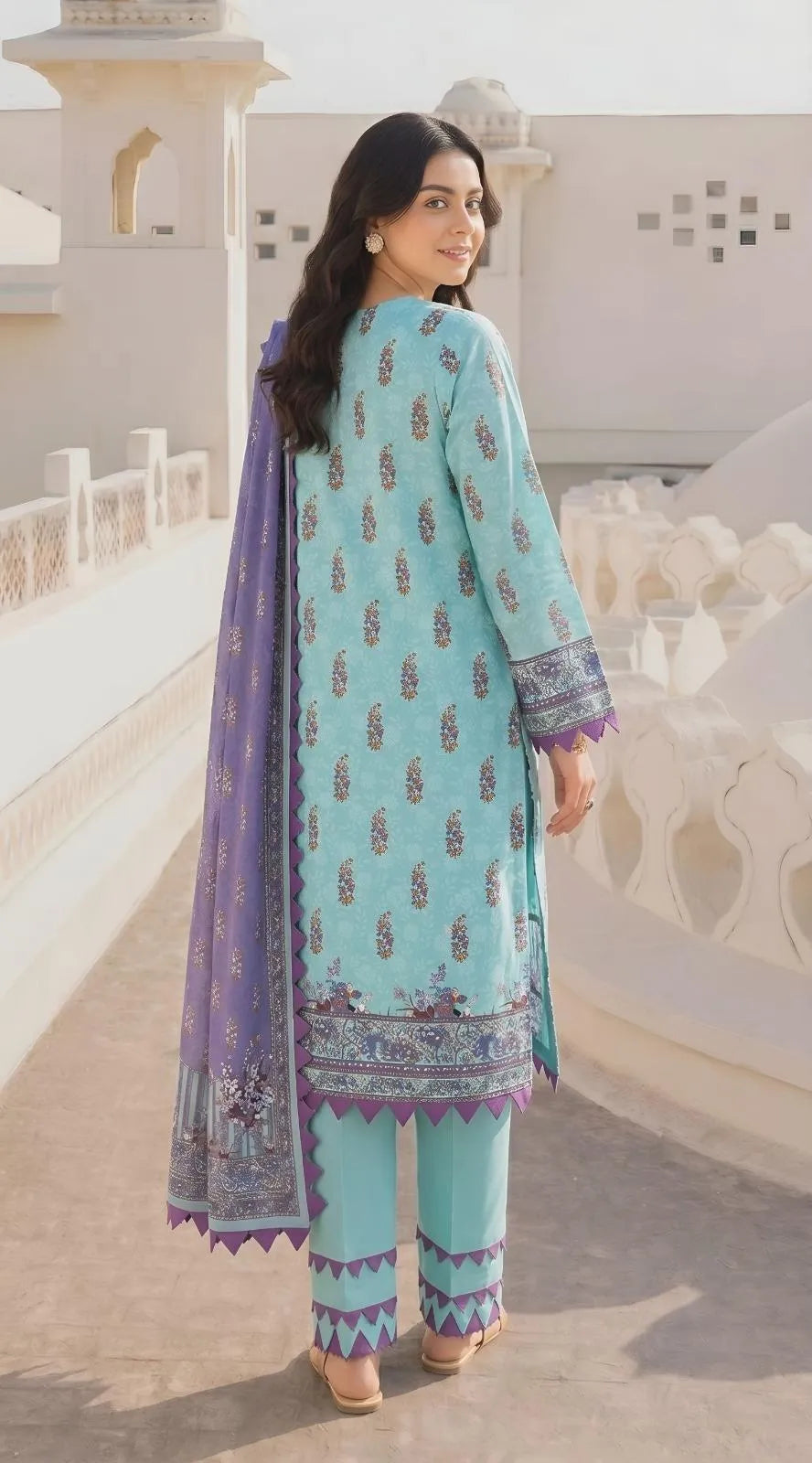 Vibrant Blue Floral Printed Lawn 3-Piece Suit with Dobby Dupatta
