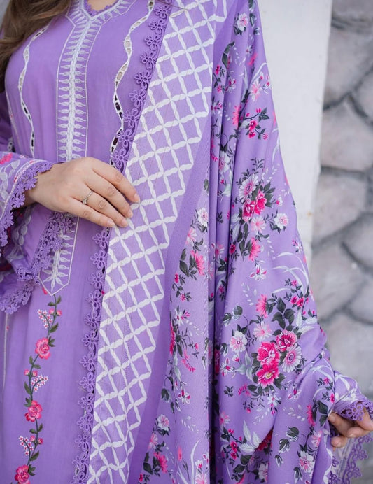 Aneela’s Premium 3 Piece Unstitched Lawn Suit – Heavy Embroidered Shirt with Digital Printed Monark Dupatta