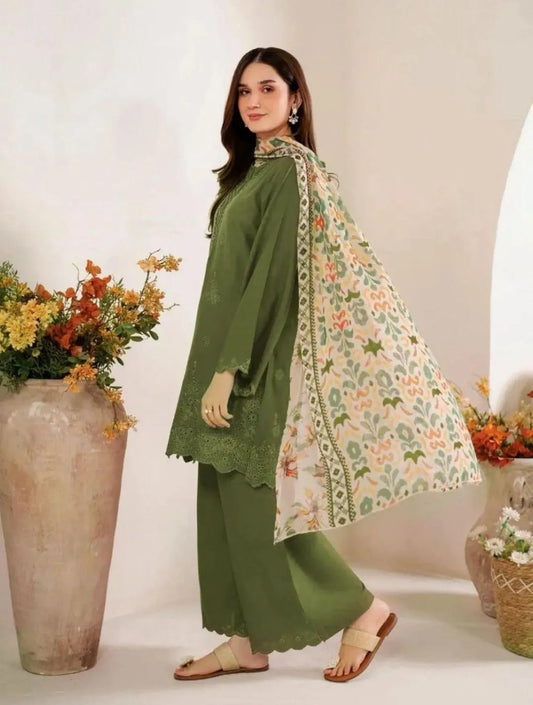 Festive Green Chikankari Lawn Dress for Women – 3 Piece Eid Outfit