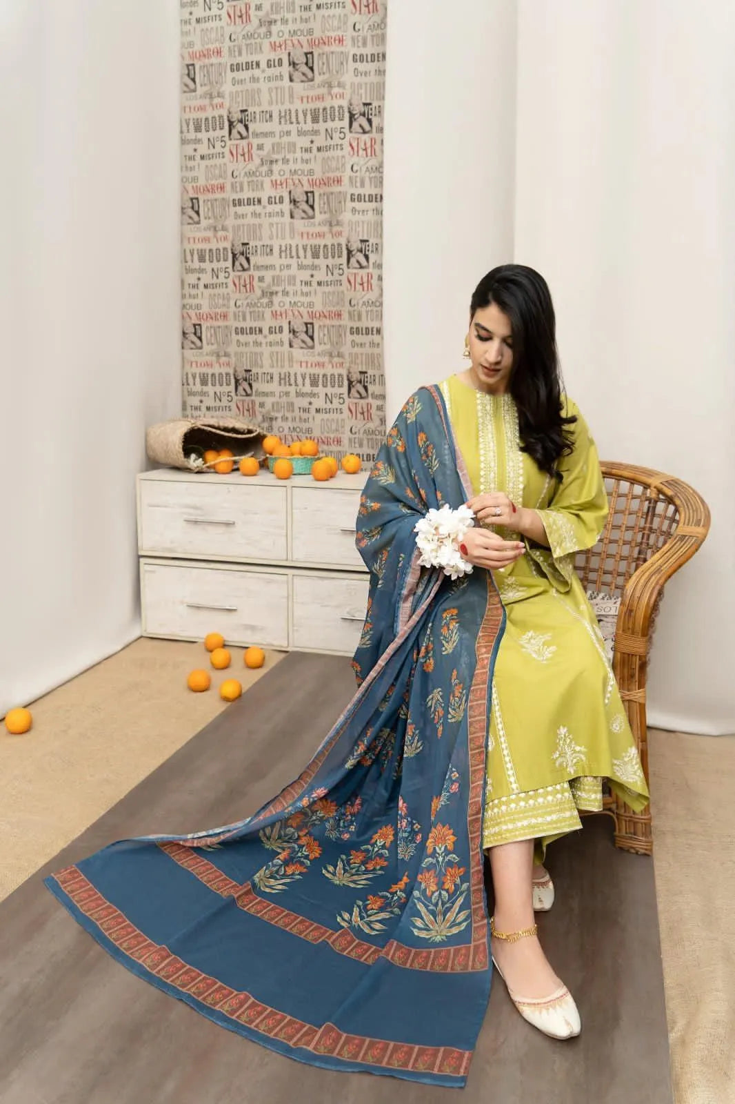 Yellow Embroidered Lawn 3-Piece Suit  For Eid Wear| Embroidered Shirt with Digital Print Diamond Dupatta | Pakistani Women's Unstitched Dress Material