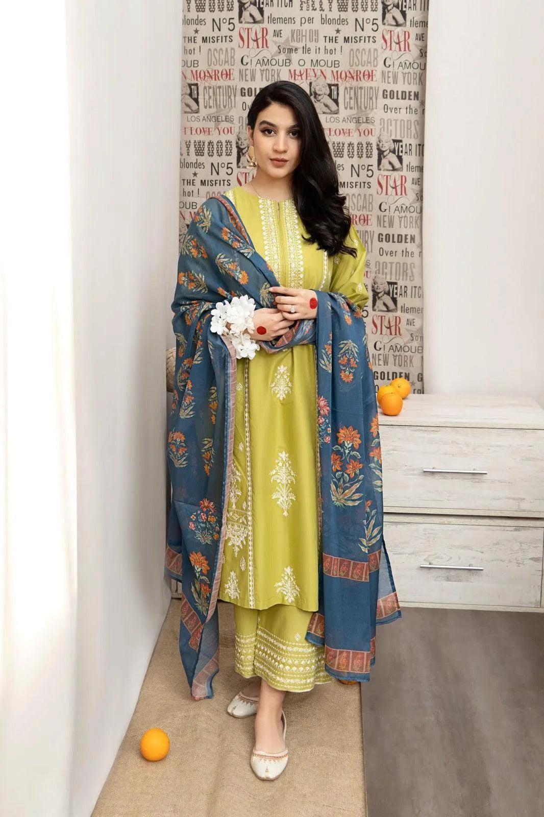 Yellow Embroidered Lawn 3-Piece Suit  For Eid Wear| Embroidered Shirt with Digital Print Diamond Dupatta | Pakistani Women's Unstitched Dress Material