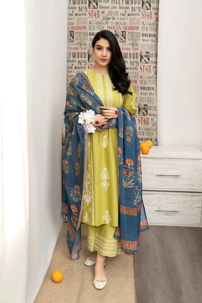 Yellow Embroidered Lawn 3-Piece Suit  For Eid Wear| Embroidered Shirt with Digital Print Diamond Dupatta | Pakistani Women's Unstitched Dress Material