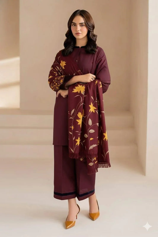 Maroon 3-Piece Lawn Suit with Digital Print Dupatta- Eid Collection