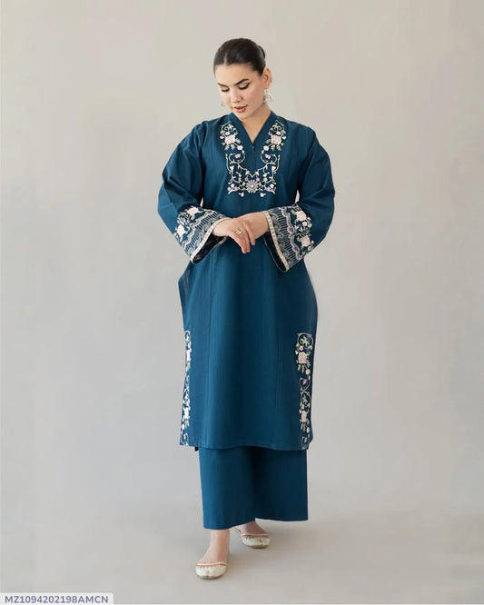 Blue Embroidered Lawn 3 Piece Kurta Set for Women – Printed Dupatta & Trouser Unstitched | Stylish Summer Pakistani Suit