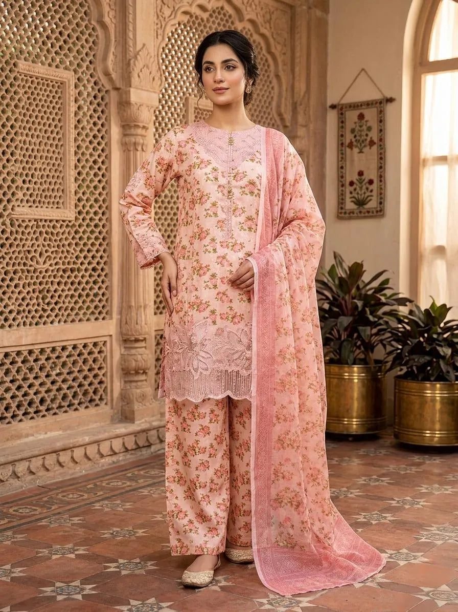 Pink Embroidered Cotton Lawn 3 Piece Suit with Organza Dupatta – Women’s Festive & Summer Wear