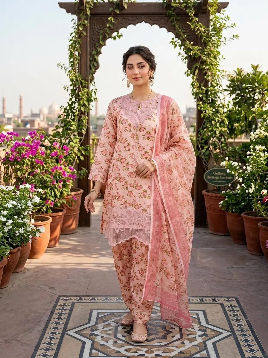 Pink Embroidered Cotton Lawn 3 Piece Suit with Organza Dupatta – Women’s Festive & Summer Wear