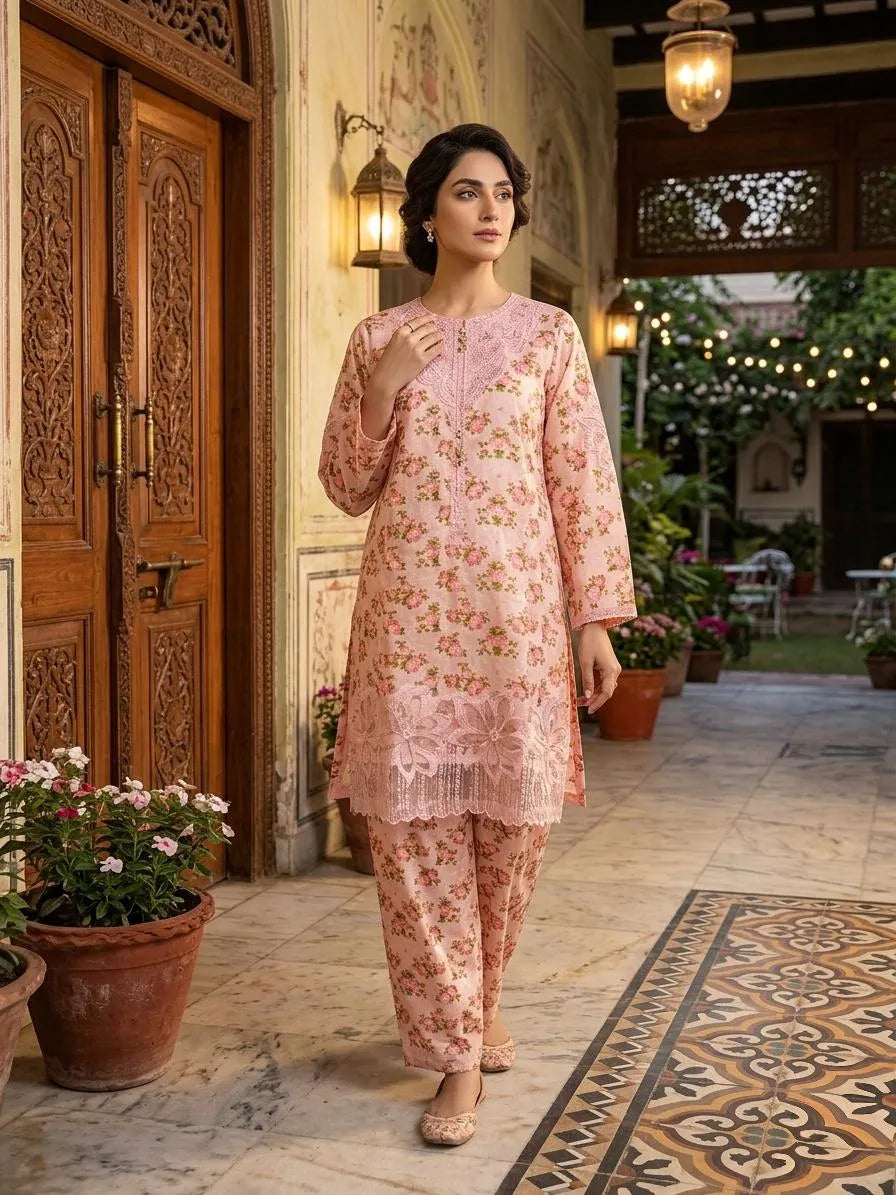 Pink Embroidered Cotton Lawn 3 Piece Suit with Organza Dupatta – Women’s Festive & Summer Wear