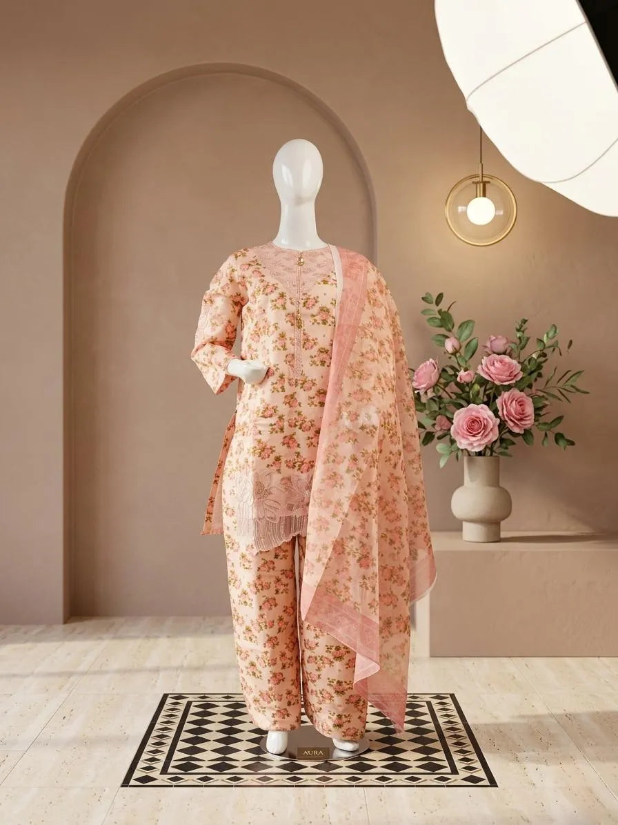 Pink Embroidered Cotton Lawn 3 Piece Suit with Organza Dupatta – Women’s Festive & Summer Wear