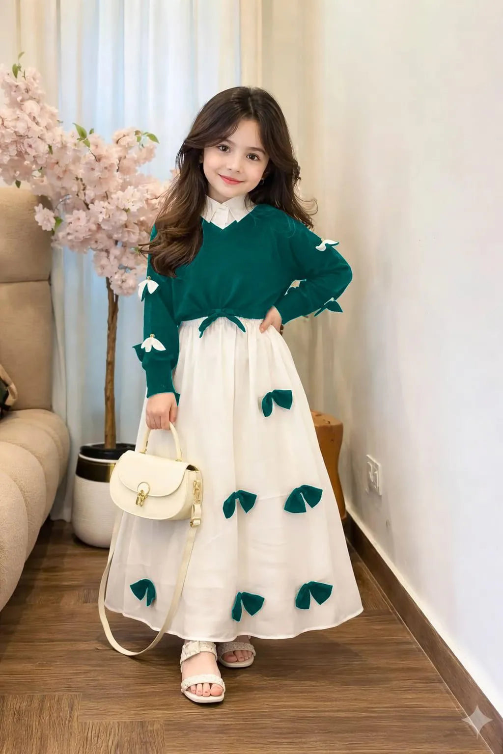 Girls Georgette Bow Maxi Dress Set Turquoise | Kids Western 2 Piece Outfit (Ages 7–14)