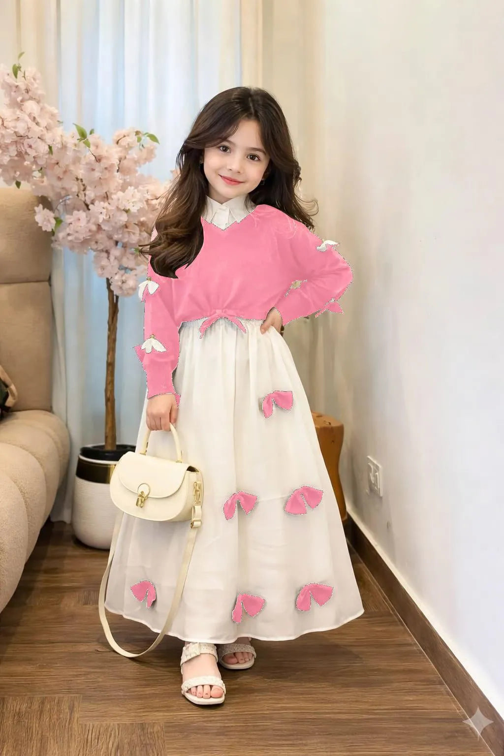 Girls Georgette Bow Maxi Dress Set Turquoise | Kids Western 2 Piece Outfit (Ages 7–14)