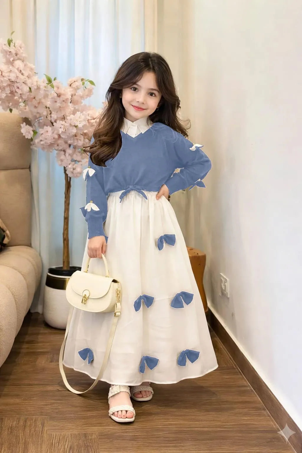 Girls Georgette Bow Maxi Dress Set Turquoise | Kids Western 2 Piece Outfit (Ages 7–14)