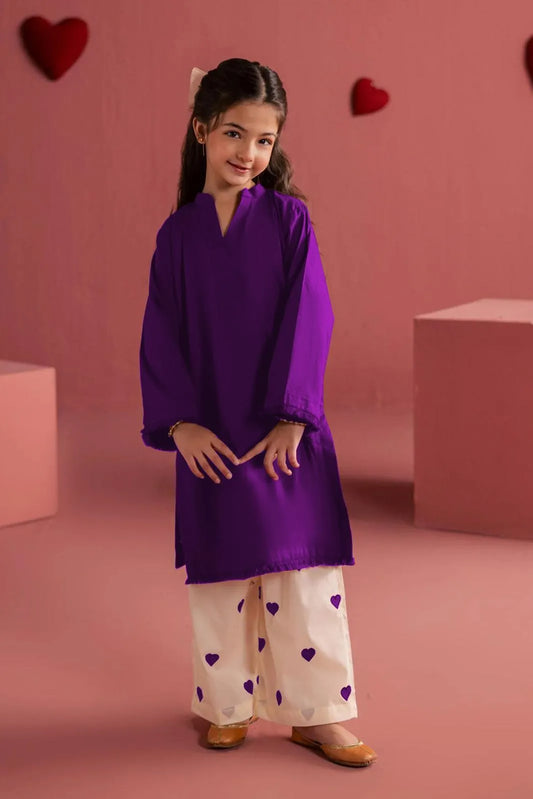Kids Purple Embroidered Linen 2 Piece Suit | Girls Lace Border Kurta Trouser Set Pakistan (Ages 5–16)
