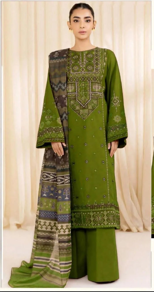Green Embroidered Lawn Suit 3 Piece for Women – Eid & Wedding Collection with Digital Print Dupatta Unstitched