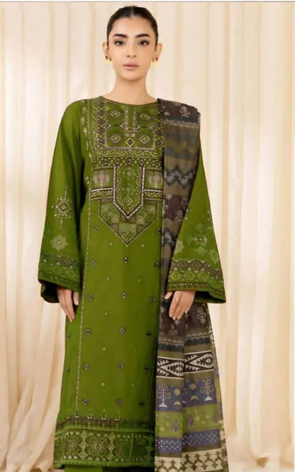 Green Embroidered Lawn Suit 3 Piece for Women – Eid & Wedding Collection with Digital Print Dupatta Unstitched