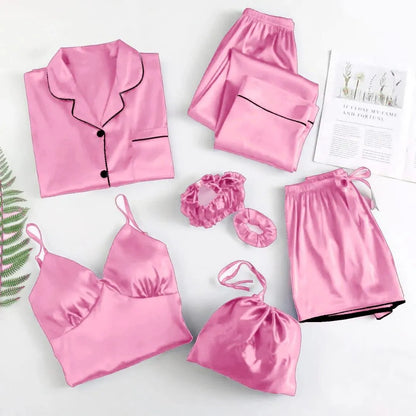 Elegant Pink Silk 5-Piece Women’s Nightwear Set – Luxury Satin Pajama, Robe & Sleepwear Loungewear