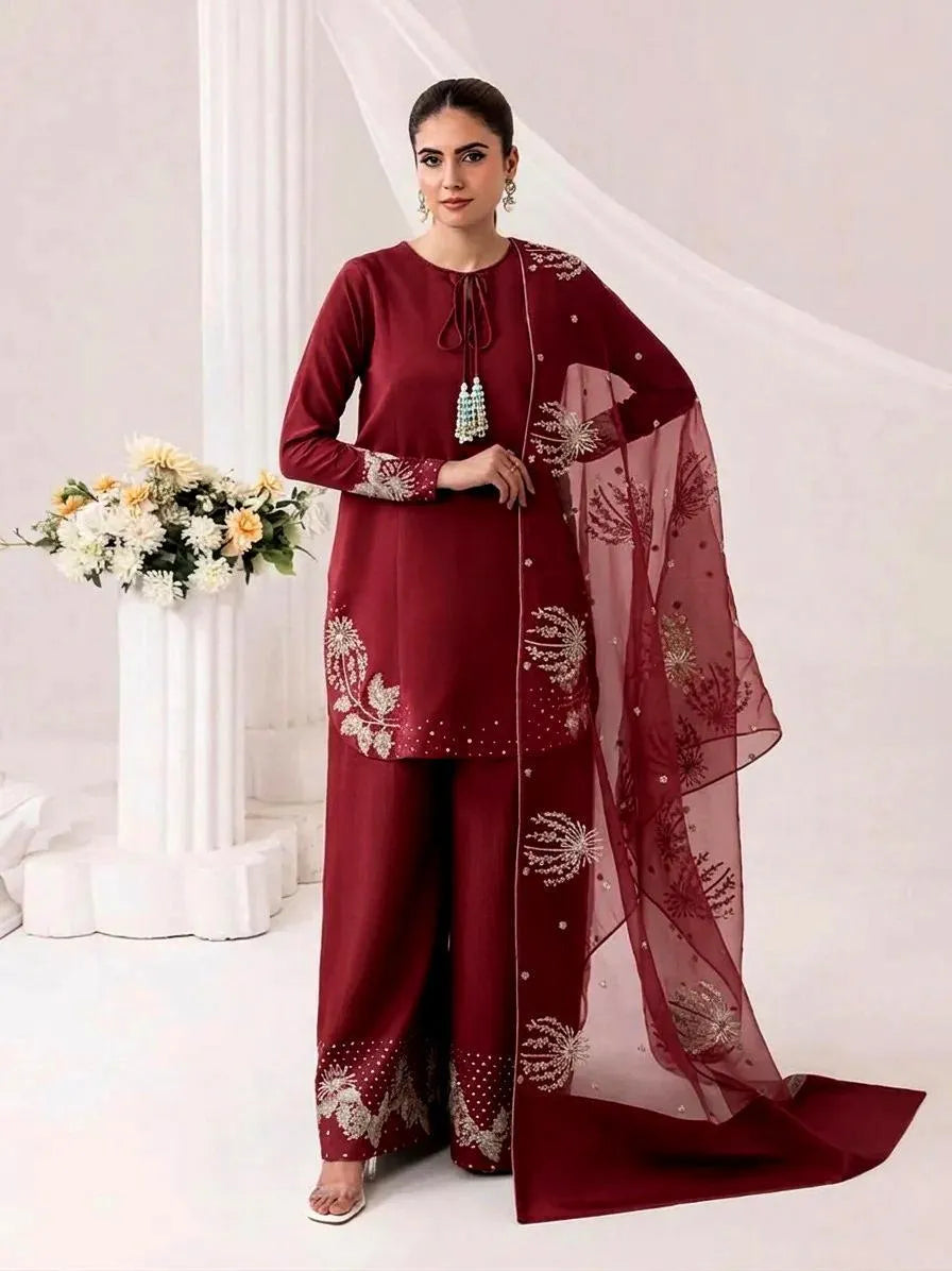 Purple Raw Silk Embroidered 3Pcs Suit | Luxury Women Formal Dress | Wedding & Eid Collection
