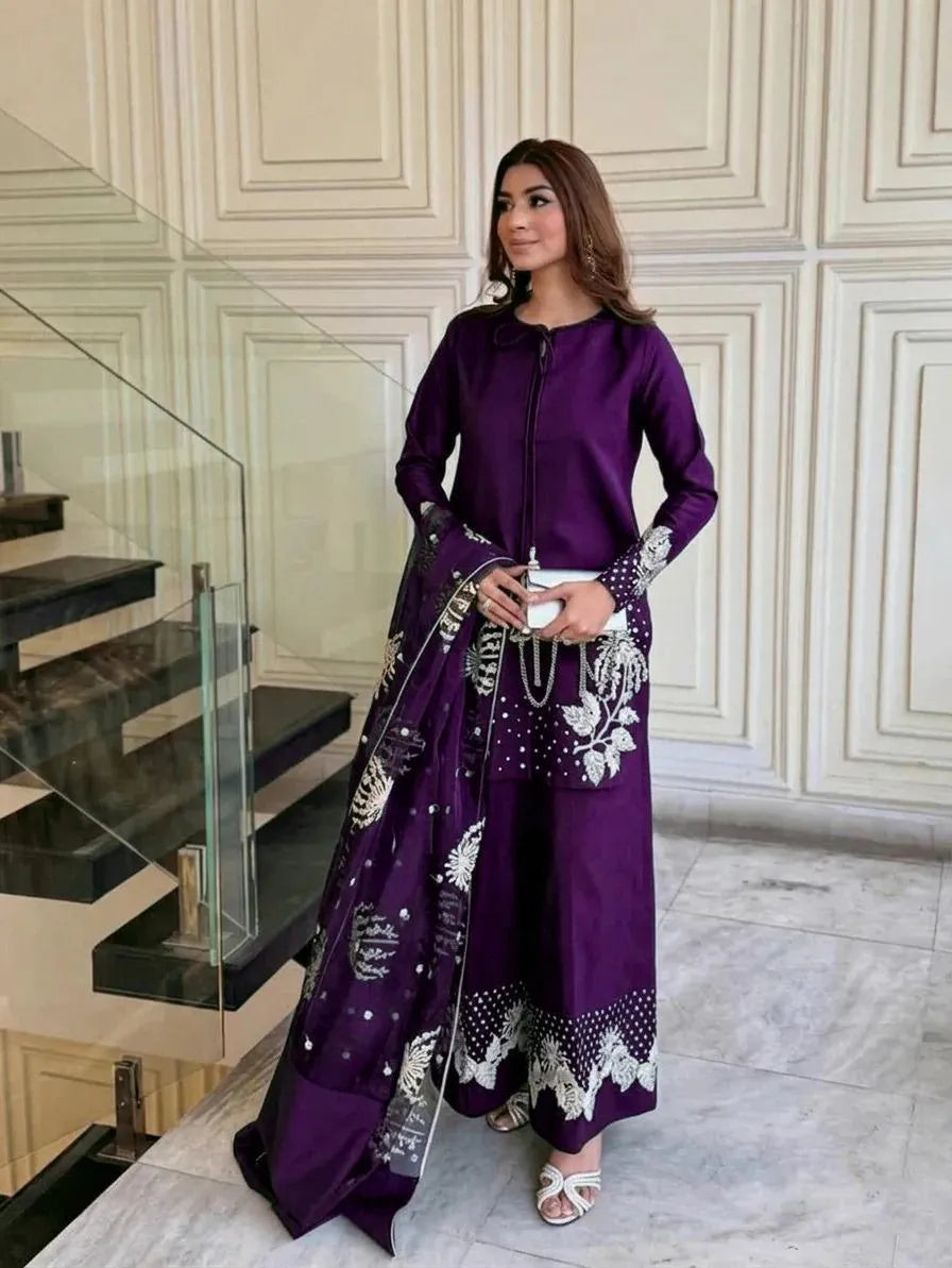 Purple Raw Silk Embroidered 3Pcs Suit | Luxury Women Formal Dress | Wedding & Eid Collection