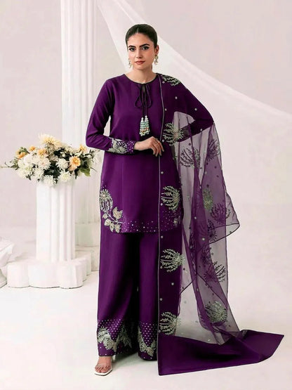 Purple Raw Silk Embroidered 3Pcs Suit | Luxury Women Formal Dress | Wedding & Eid Collection