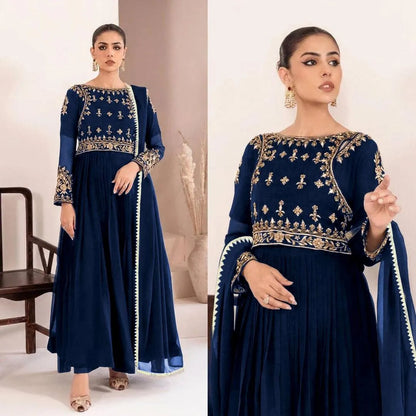 Elegant Blue Embroidered Maxi Suit – 3 Piece Dress with Lace Dupatta & Trouser Set | Festive & Formal Wear