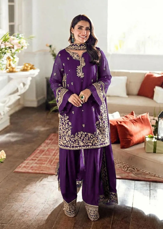 Women 3 Pcs Shamoz Silk Suit – Embroidered Stitched Dress with Dupatta | Luxury Wear Pakistan