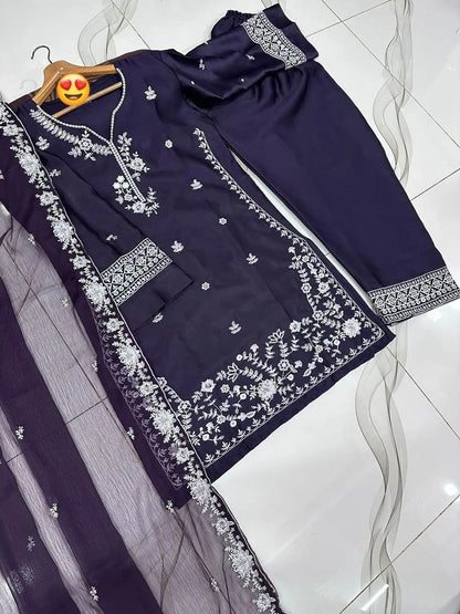Women 3 Pcs Shamoz Silk Suit – Embroidered Stitched Dress with Dupatta | Luxury Wear Pakistan