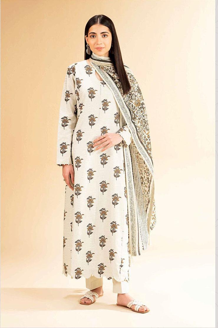 Off-White Floral Printed Lawn 3 Piece Unstitched Suit for Women – Premium Dobby Lawn Shirt, Trouser & Dupatta