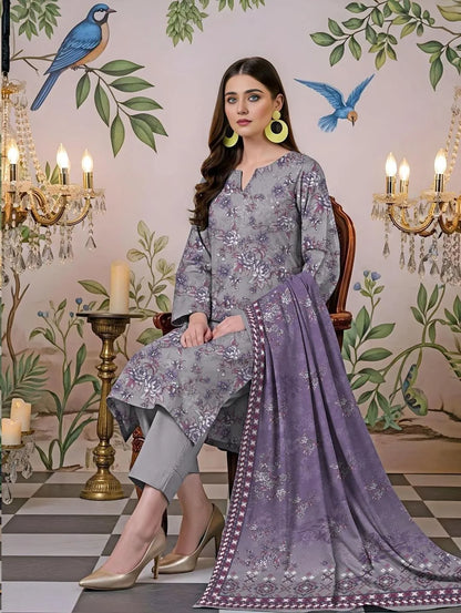 Unstitched Grey Floral Printed Lawn Suit – 3 Piece Eid Summer Collection