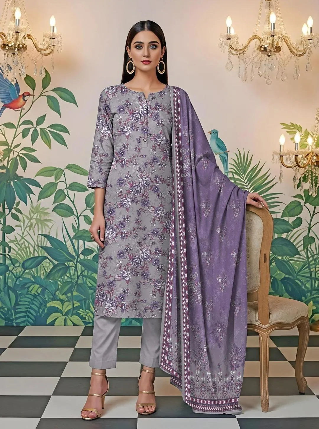 Unstitched Grey Floral Printed Lawn Suit – 3 Piece Eid Summer Collection