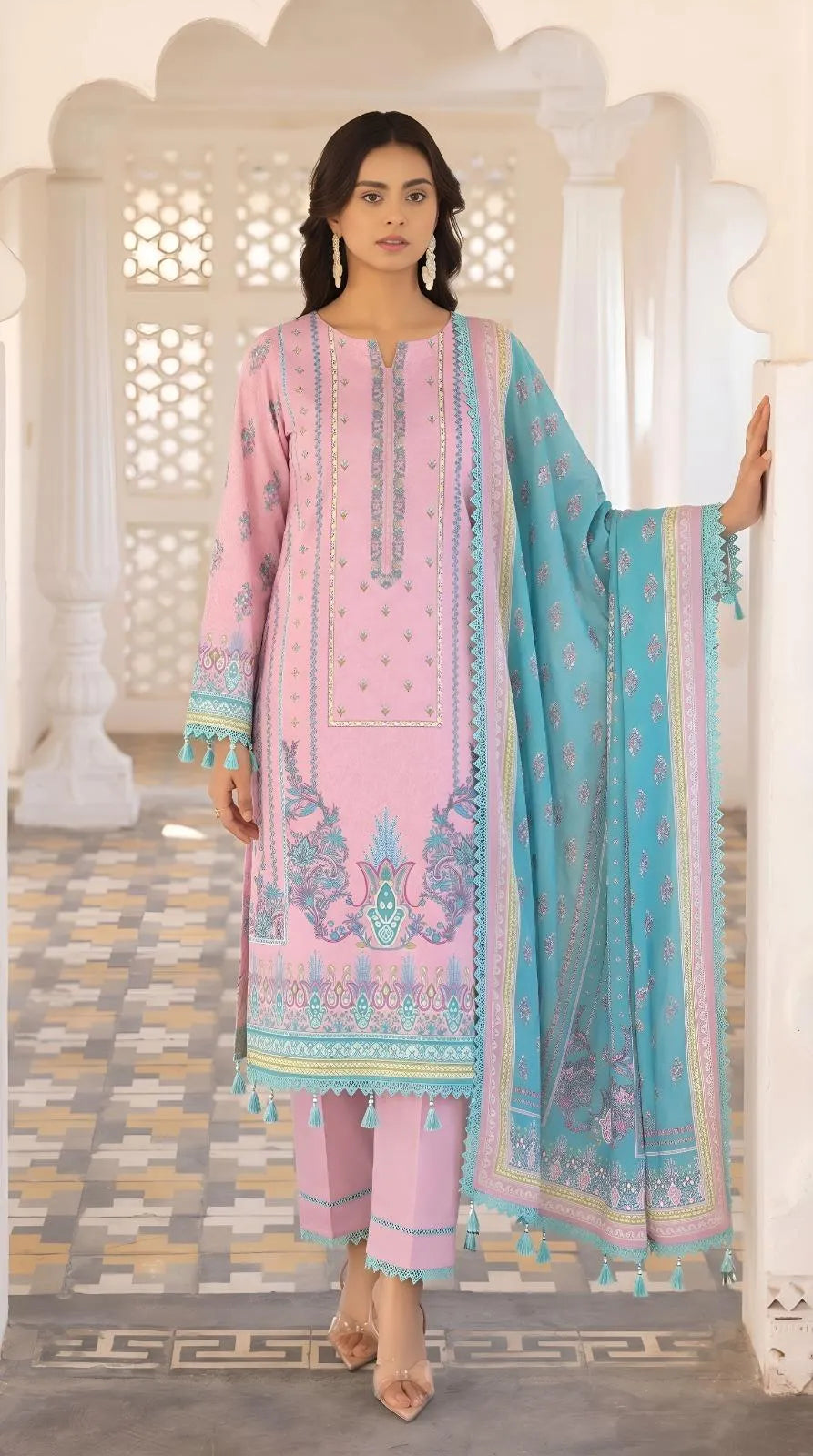 Blush Pink Floral Printed Lawn 3-Piece Suit with Dobby Dupatta