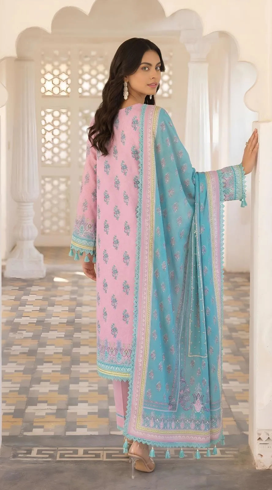 Blush Pink Floral Printed Lawn 3-Piece Suit with Dobby Dupatta