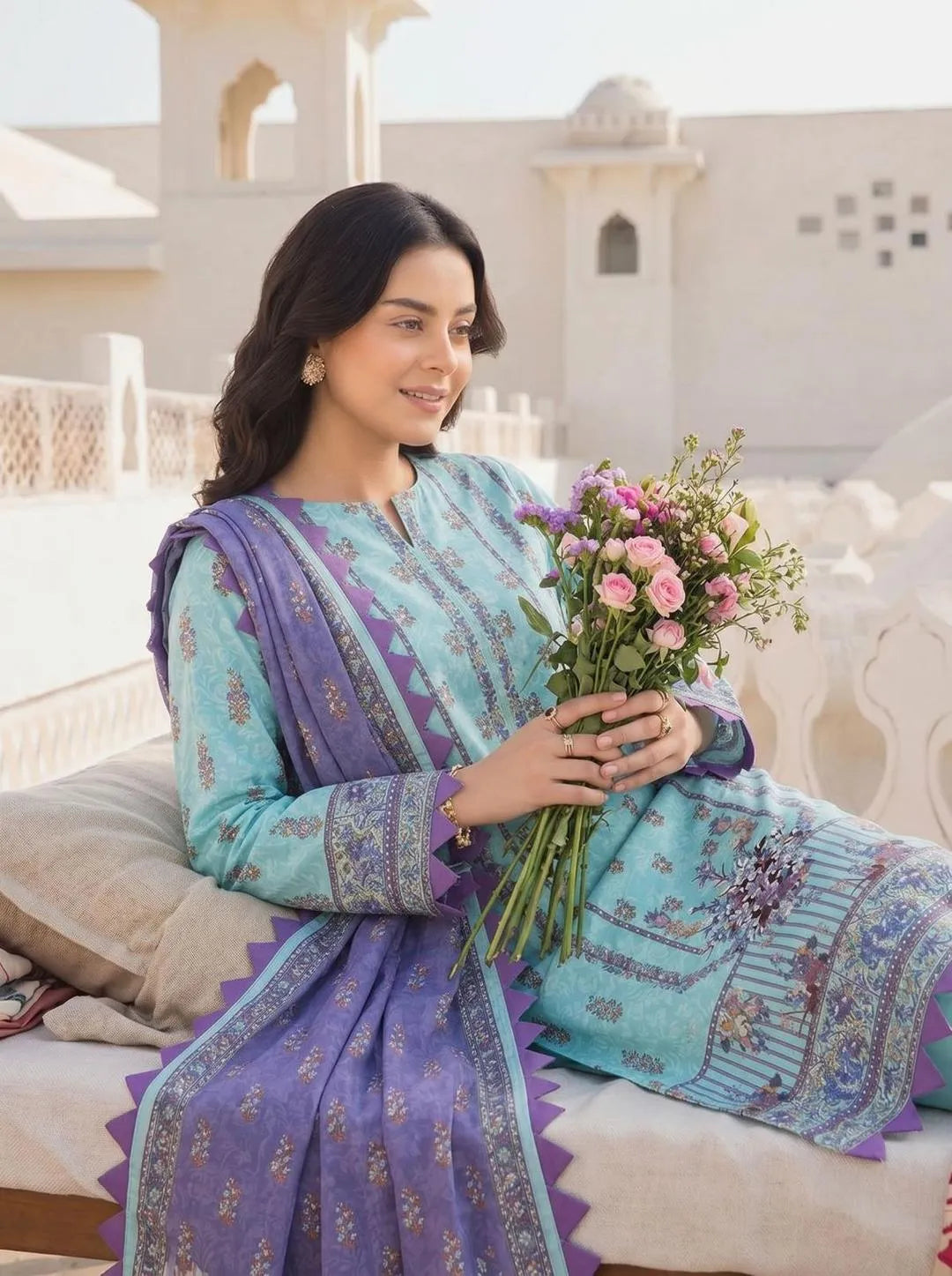 Vibrant Blue Floral Printed Lawn 3-Piece Suit with Dobby Dupatta