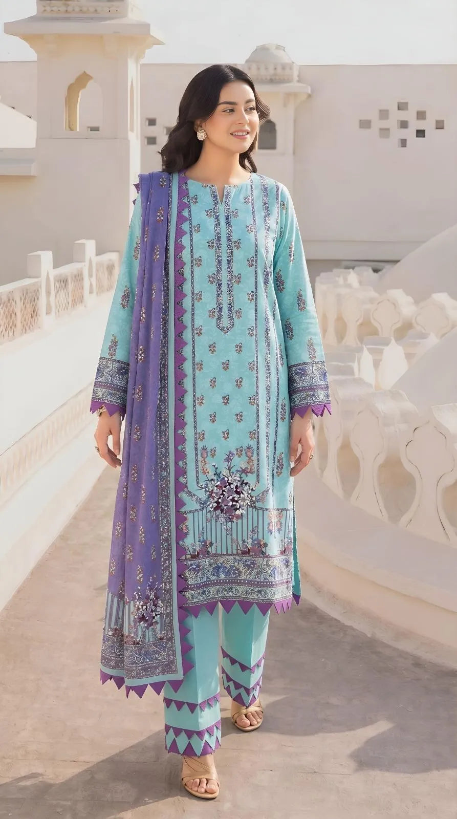 Vibrant Blue Floral Printed Lawn 3-Piece Suit with Dobby Dupatta