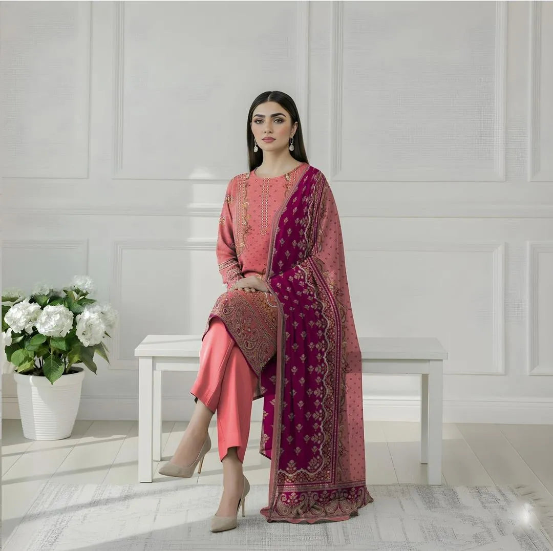 Pink Printed 3-Piece Dobby Lawn Suit | Shirt, Trouser & Dupatta Set for Women