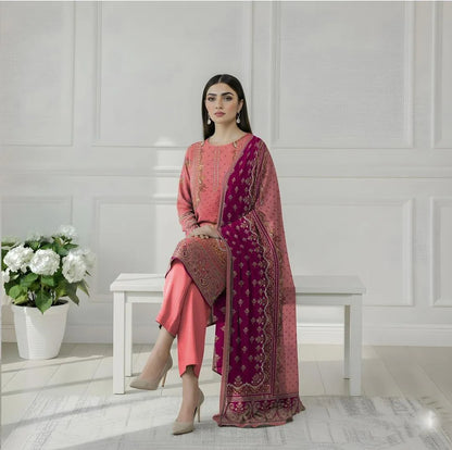 Pink Printed 3-Piece Dobby Lawn Suit | Shirt, Trouser & Dupatta Set for Women