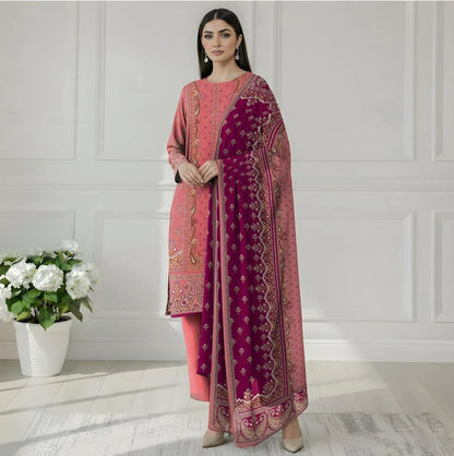 Pink Printed 3-Piece Dobby Lawn Suit | Shirt, Trouser & Dupatta Set for Women
