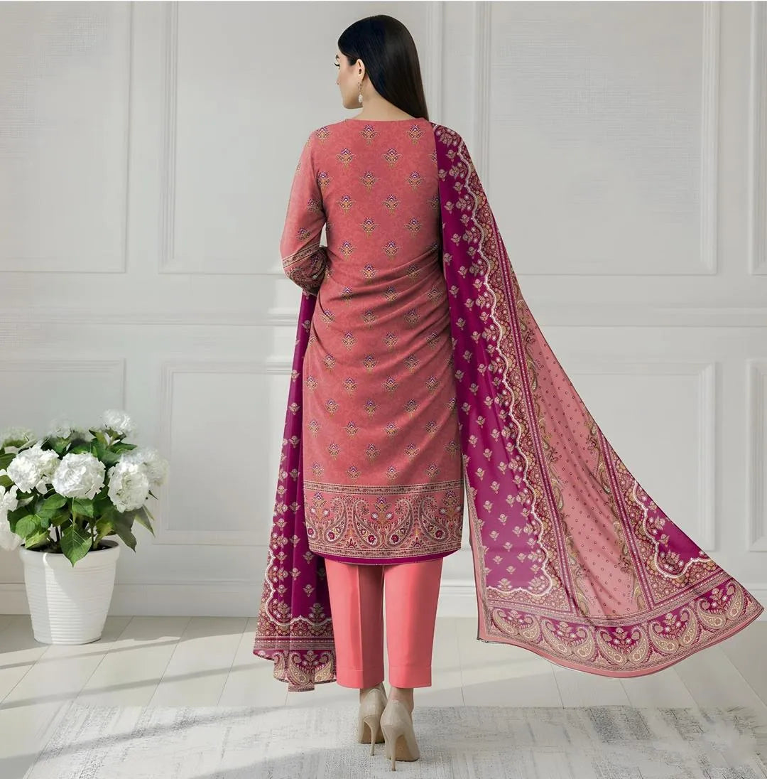 Pink Printed 3-Piece Dobby Lawn Suit | Shirt, Trouser & Dupatta Set for Women