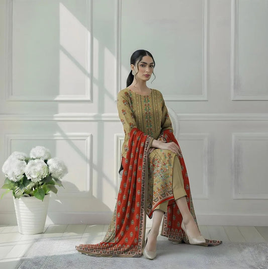 Emerald Green Printed Dobby Lawn 3-Piece Suit