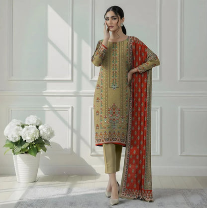 Emerald Green Printed Dobby Lawn 3-Piece Suit