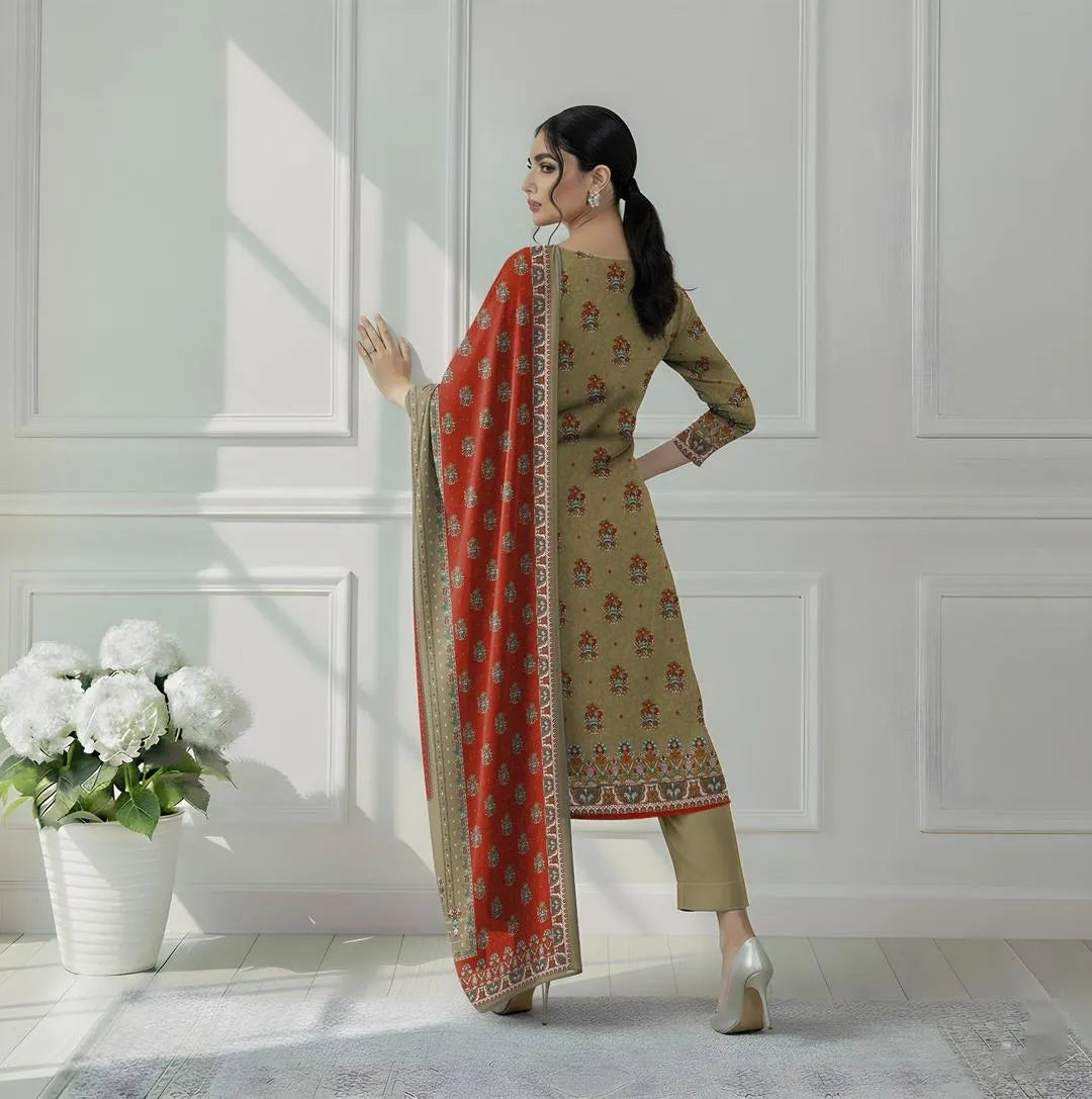 Emerald Green Printed Dobby Lawn 3-Piece Suit