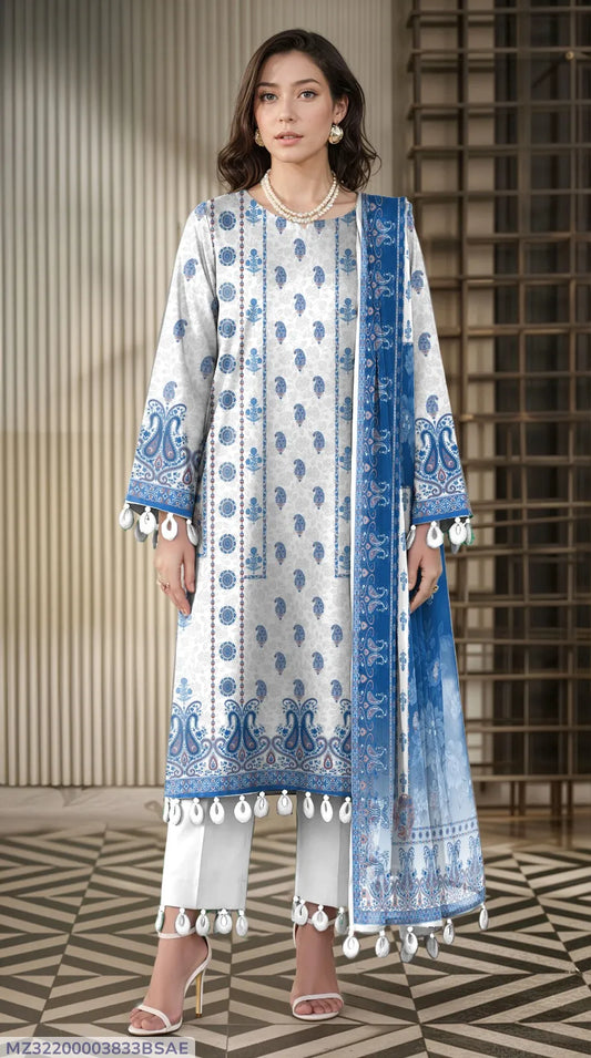 White Printed Lawn 3 Piece Unstitched Suit with Printed Dupatta