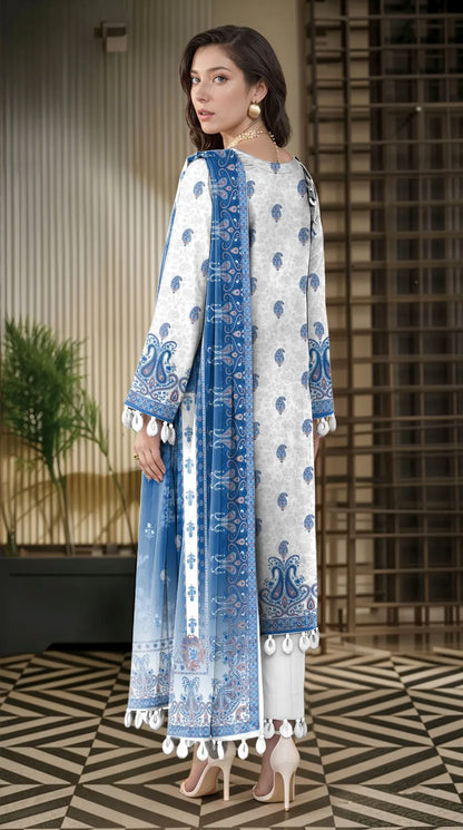 White Printed Lawn 3 Piece Unstitched Suit with Printed Dupatta