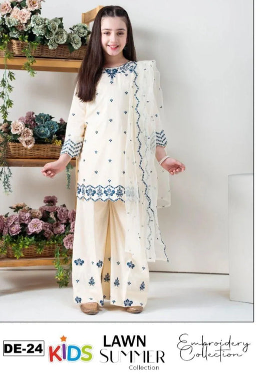 Girls’ Elegant White & Blue Embroidered Lawn 3-Piece Suit