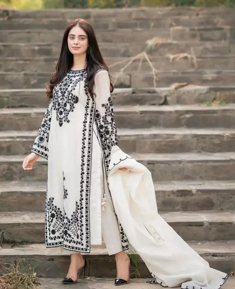 Ethereal White Embroidered Lawn 3-Piece Suit with Diamond Dupatta