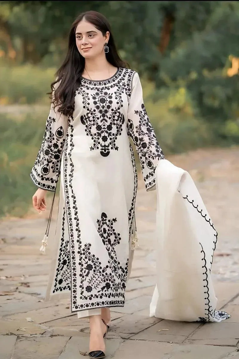 Ethereal White Embroidered Lawn 3-Piece Suit with Diamond Dupatta