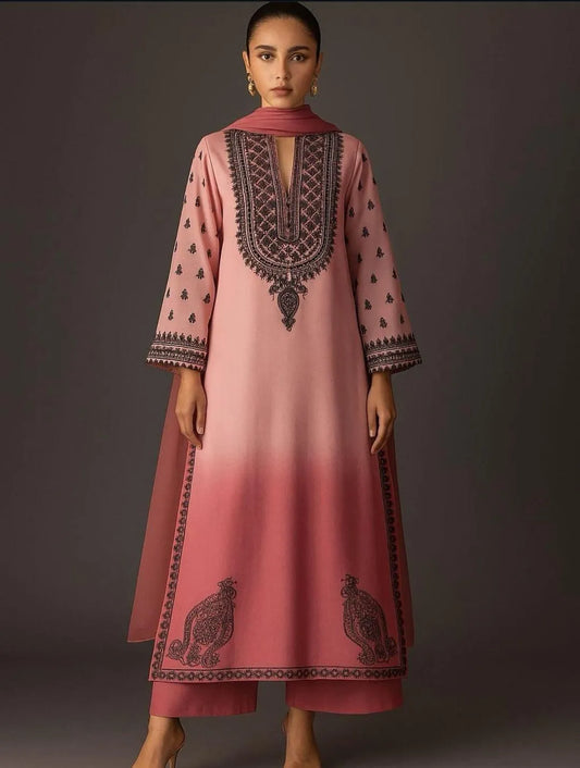 Kalaagi Eid Collection – Peach Printed Shamoz Silk 3 Piece Suit for Women Unstitched