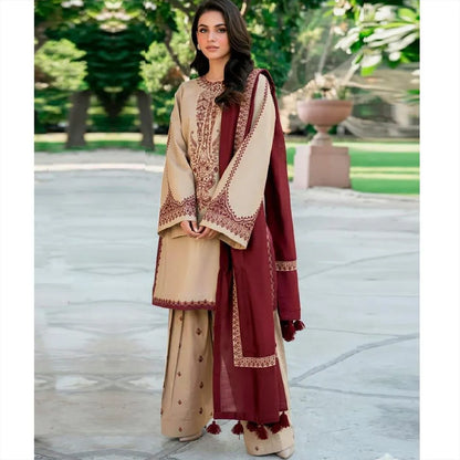 Eid Collection Brown Embroidered Lawn 3-Piece Suit with Dupatta for Women