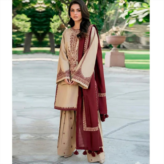 Eid Collection Brown Embroidered Lawn 3-Piece Suit with Dupatta for Women