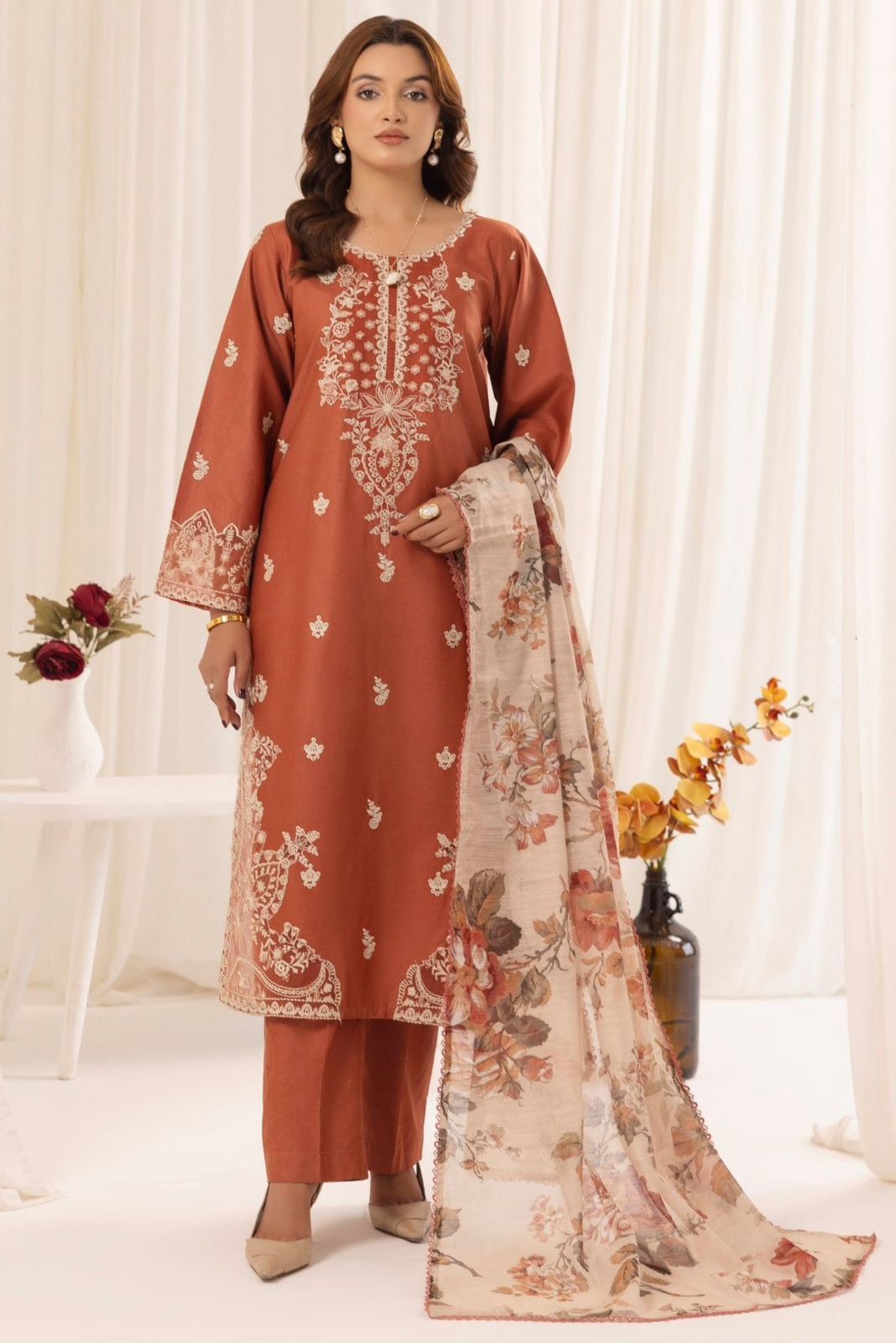Mohagani 3 Piece Unstitched Lawn Suit – Heavy Embroidered Lawn Dress with Digital Printed Monark Dupatta